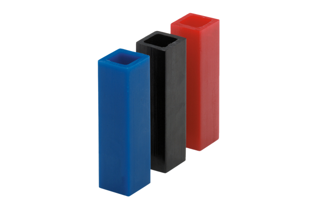 Blue, black, and red rectangular urethane spacers with hollow square cores 