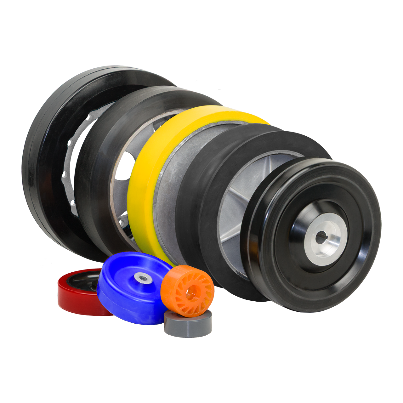 Isolated image of custom polyurethane wheels in a variety of colors and sizes.